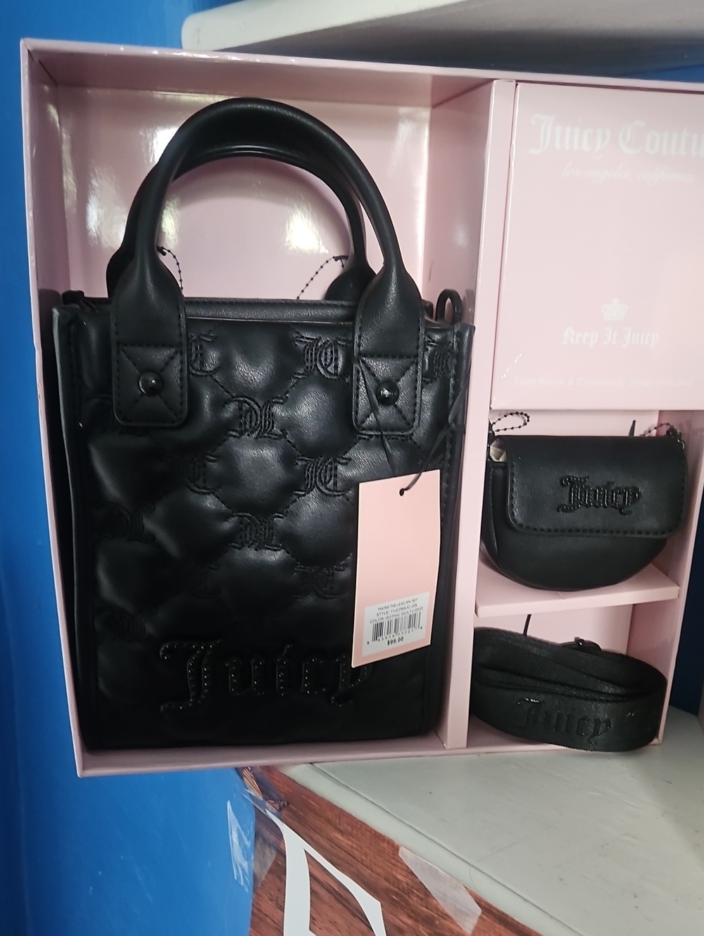 Juicy Couture Black Quilted Mini Tote Set with Coin Pouch